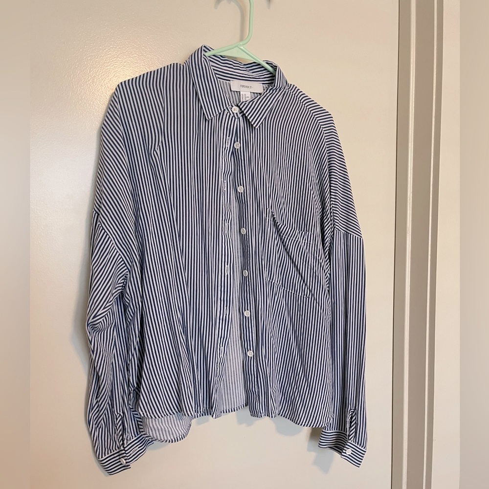 Forever 21+ | Long Sleeve Button-Up in White with Navy Stripes